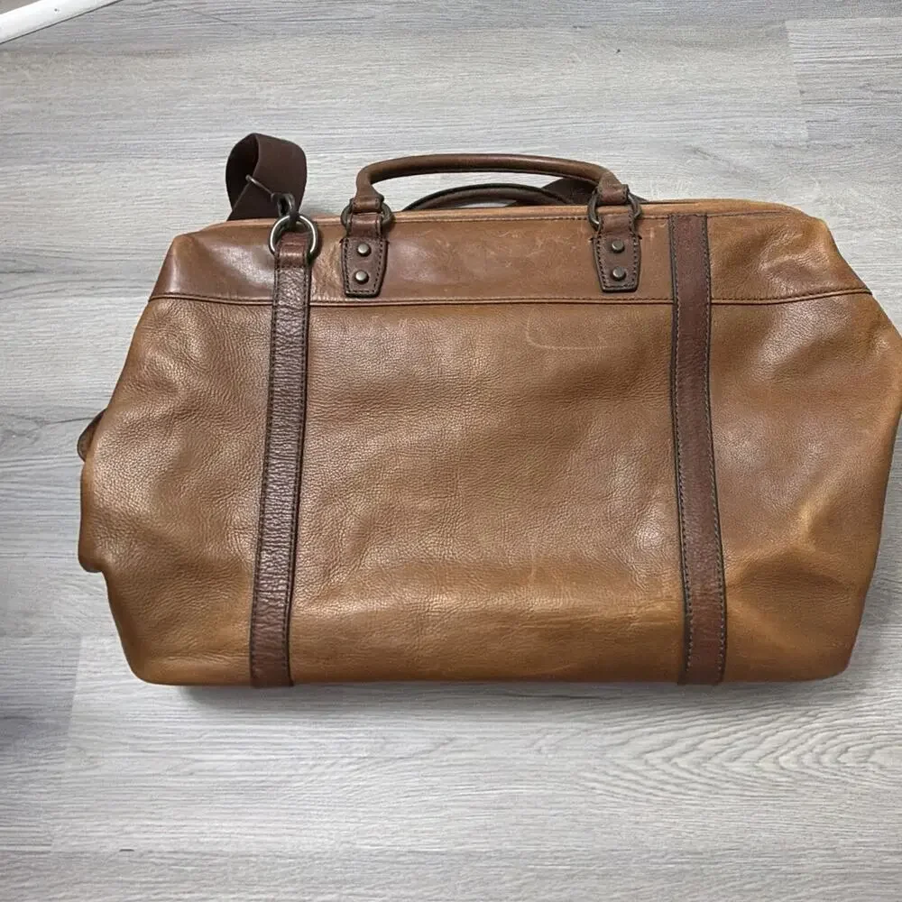 Fossil Cognac Brown Leather Weekender Duffel Bag Travel Luggage Overnight